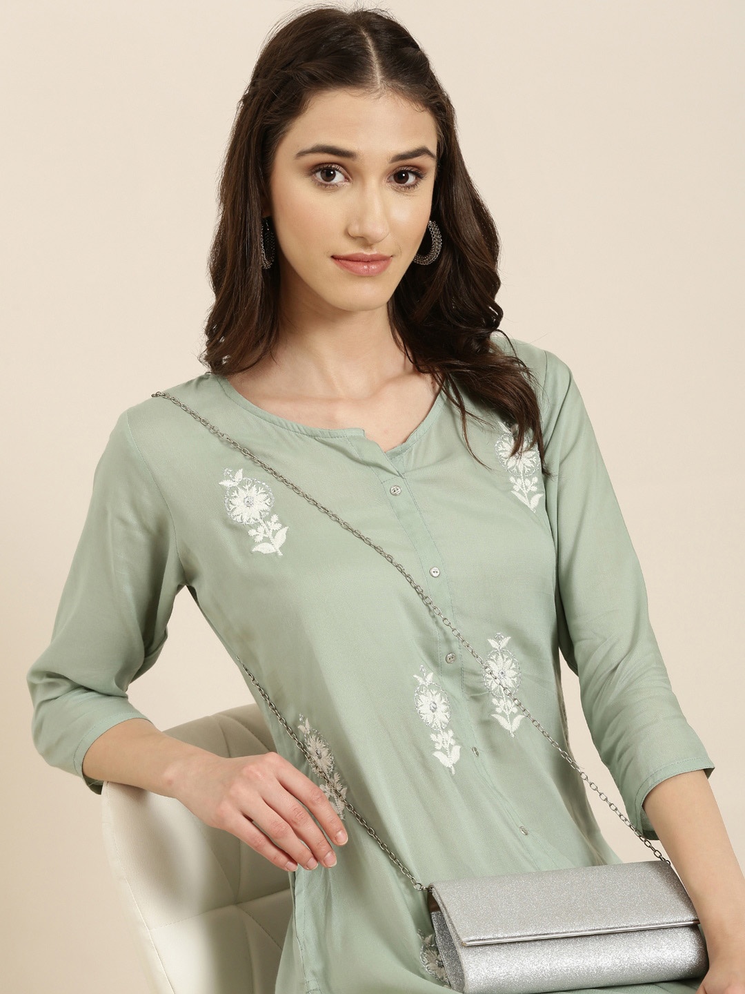 

SHOWOFF Floral Embroidered A-Line Kurta, Sea green