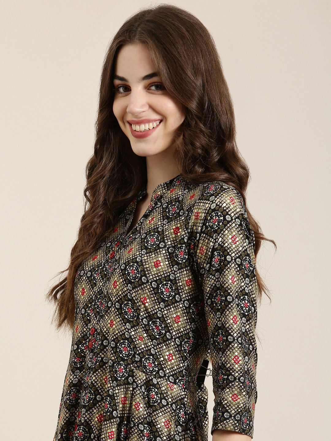 SHOWOFF Geometric Printed Mirror Work Kurta, Black