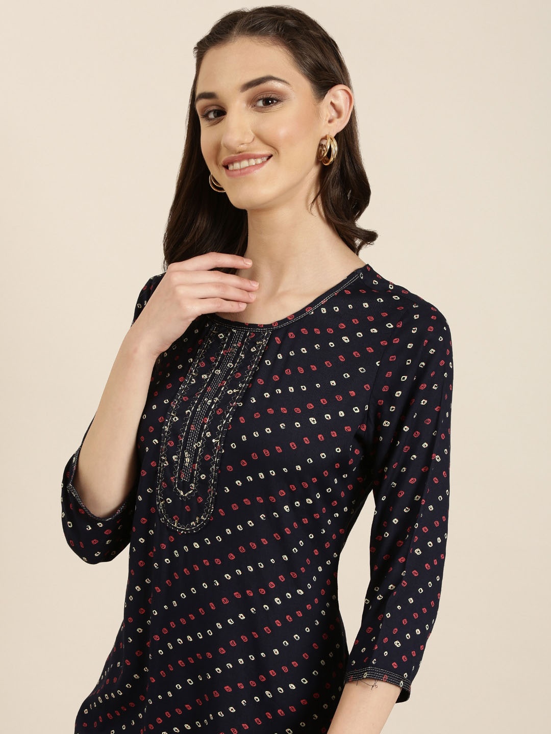 

SHOWOFF Bandhani Printed Pure Cotton Straight Kurta, Navy blue