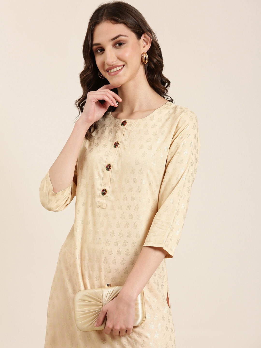 

SHOWOFF Floral Woven Design Cotton Straight Kurta, Beige