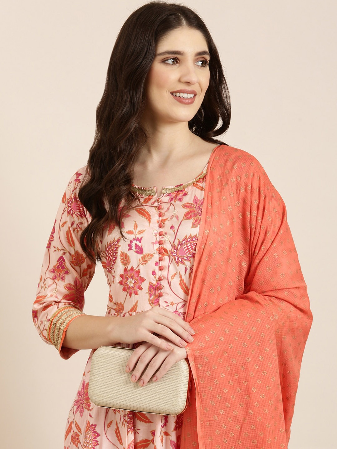 

SHOWOFF Floral Printed Fit & Flare Ethnic Dress With Dupatta, Peach