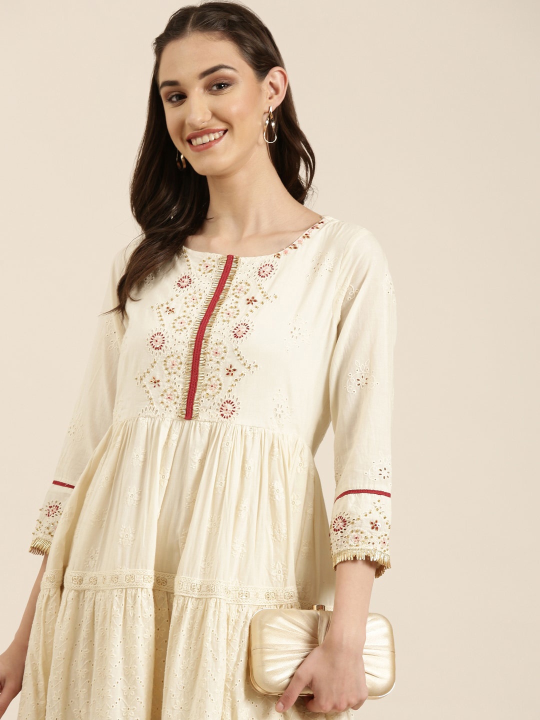 

SHOWOFF Floral Embroidered Tiered Anarkali Kurta, Cream