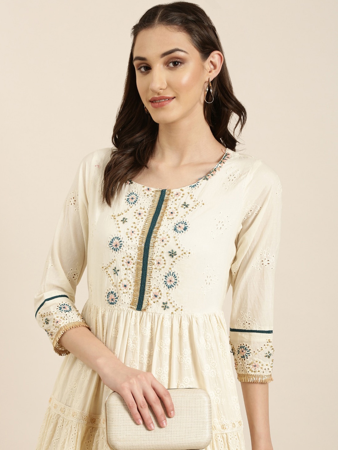 

SHOWOFF Floral Embroidered Tiered Anarkali Kurta, Off white