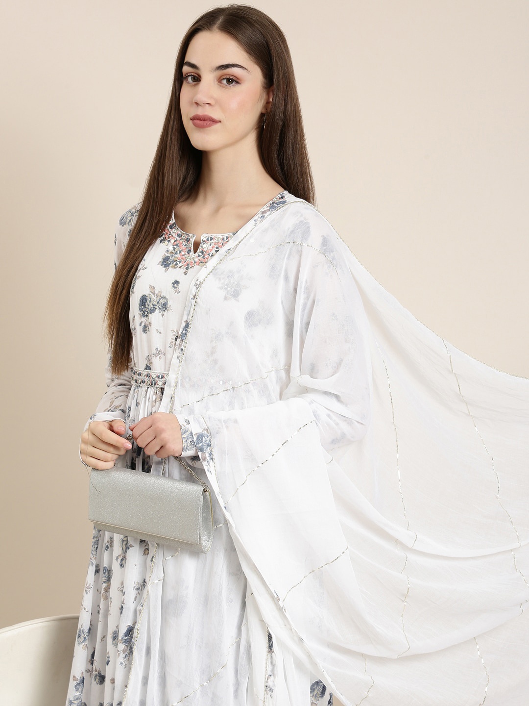 

SHOWOFF Floral Printed Anarkali Kurta With Dupatta, White