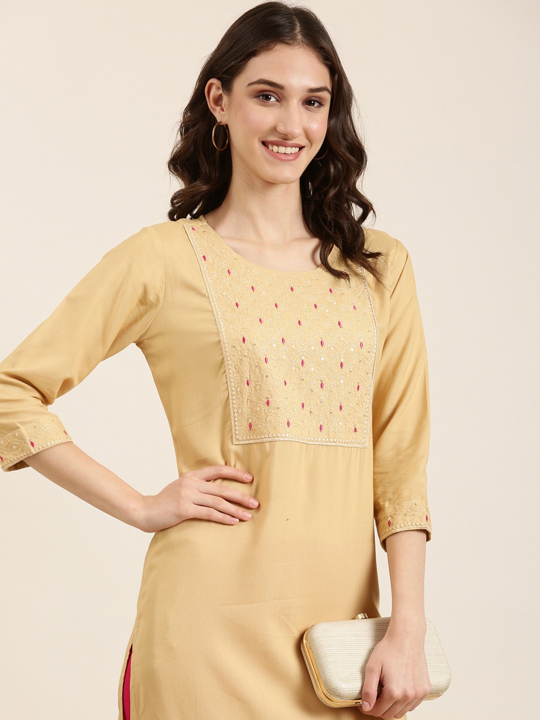 

SHOWOFF Embroidered Cotton Kurta, Beige