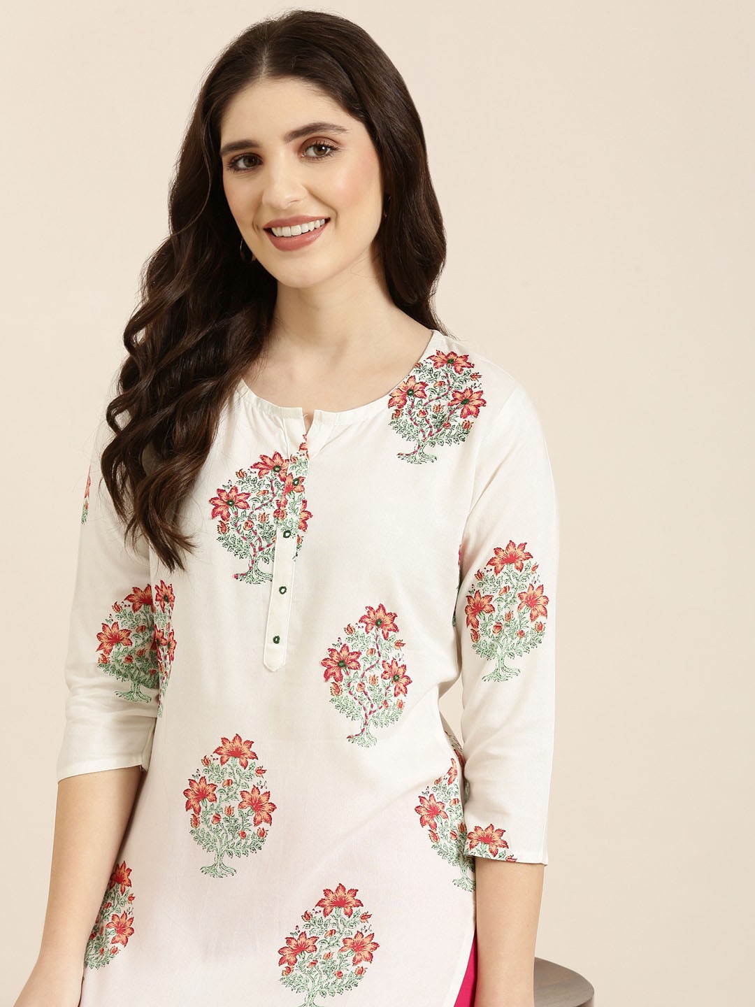 SHOWOFF Floral Printed Round Neck Kurta, Off white