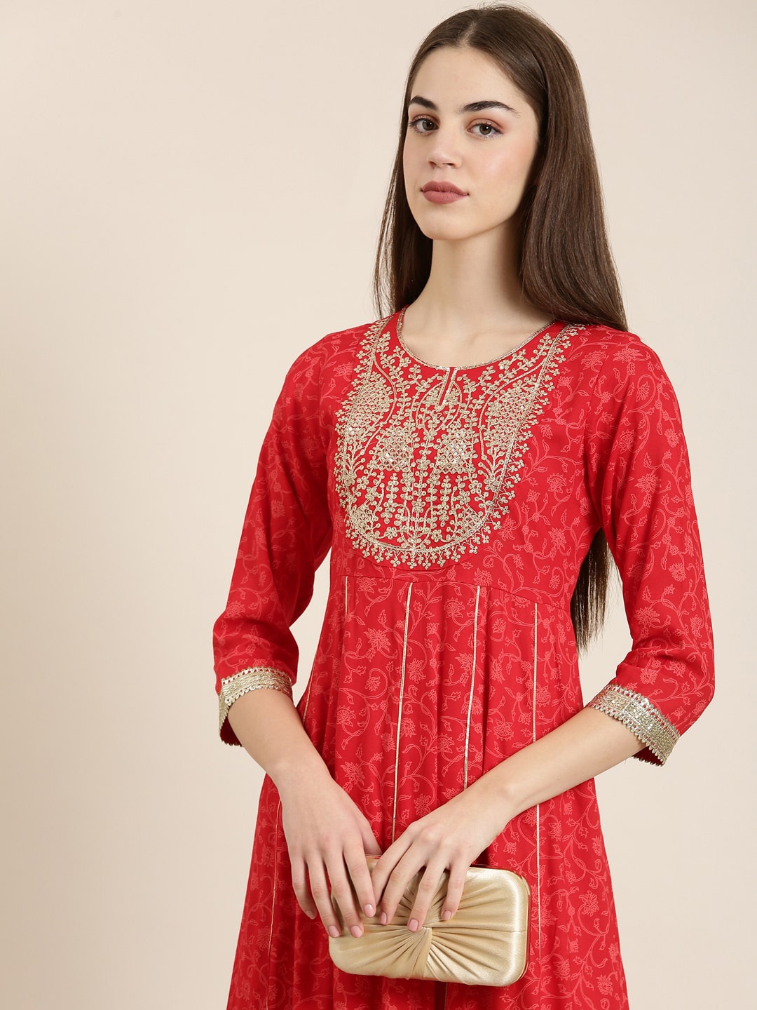 

SHOWOFF Ethnic Motifs Yoke Design Cotton Anarkali Kurta, Red