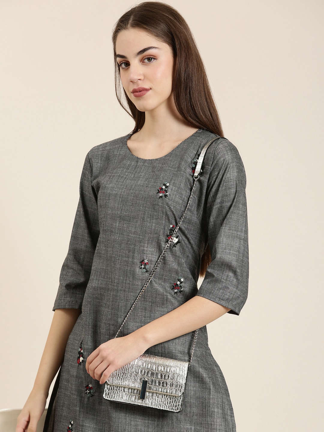 

SHOWOFF Floral Embroidered Cotton Kurta, Grey