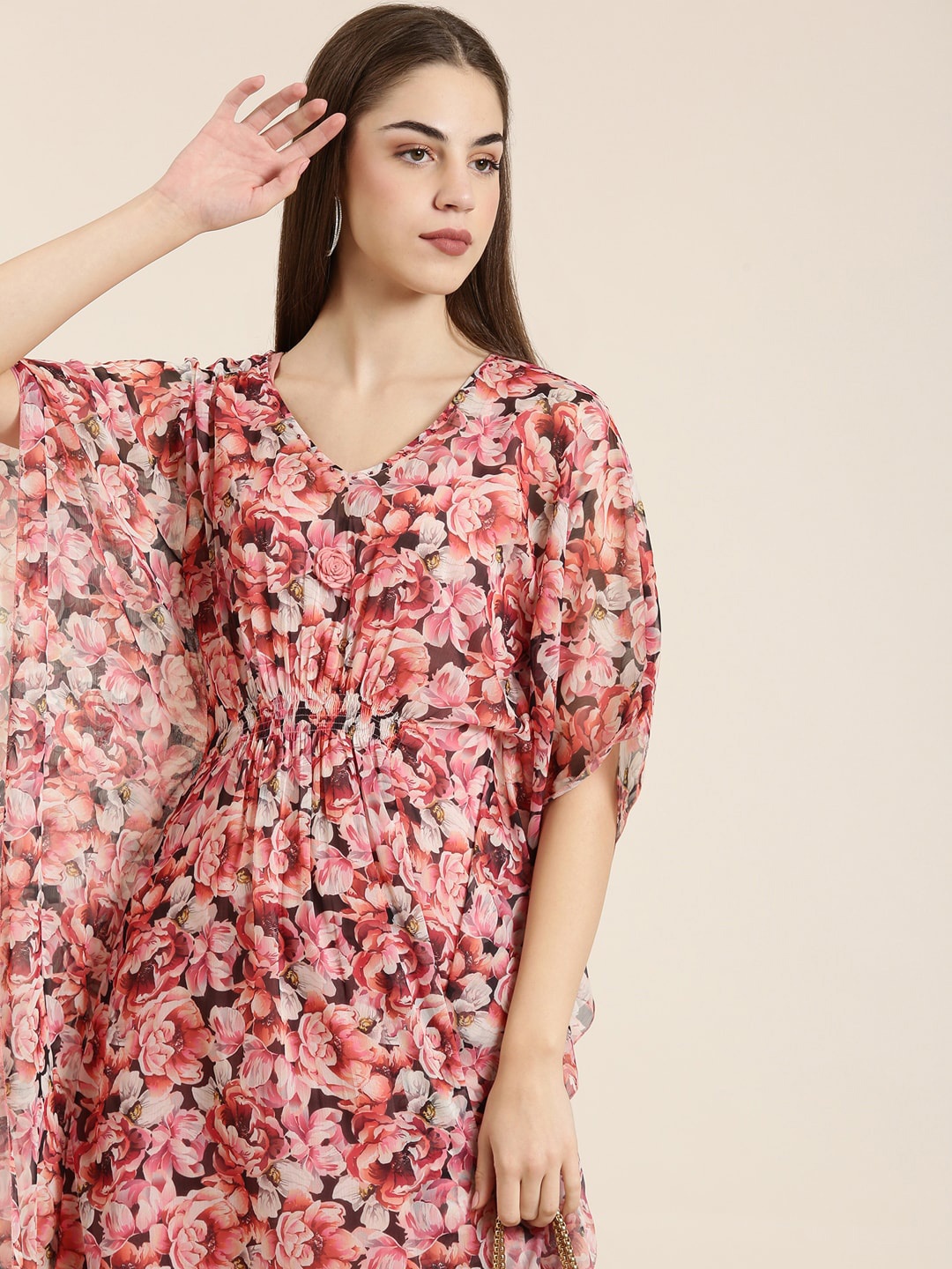 

SHOWOFF Floral Printed Flared Sleeves Kaftan Kurta, Peach