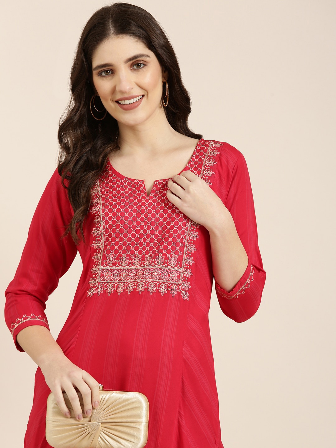 

SHOWOFF Thread Work Straight Kurta, Red