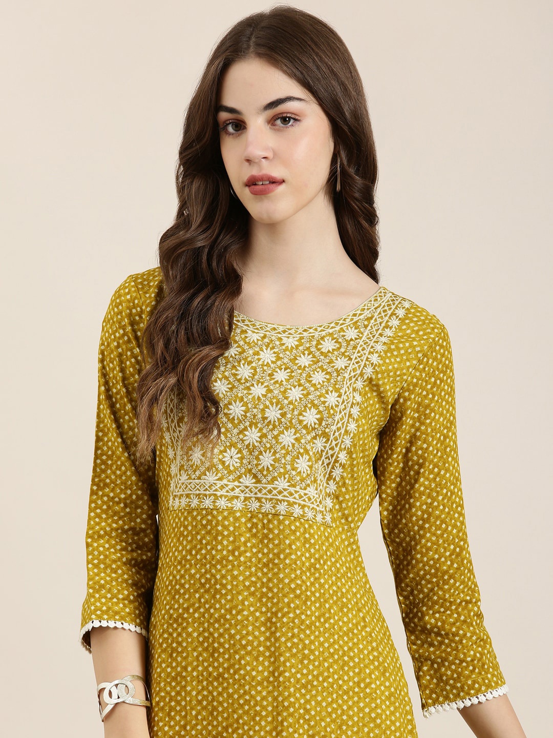 

SHOWOFF Geometric Printed Thread Work Straight Kurta, Mustard