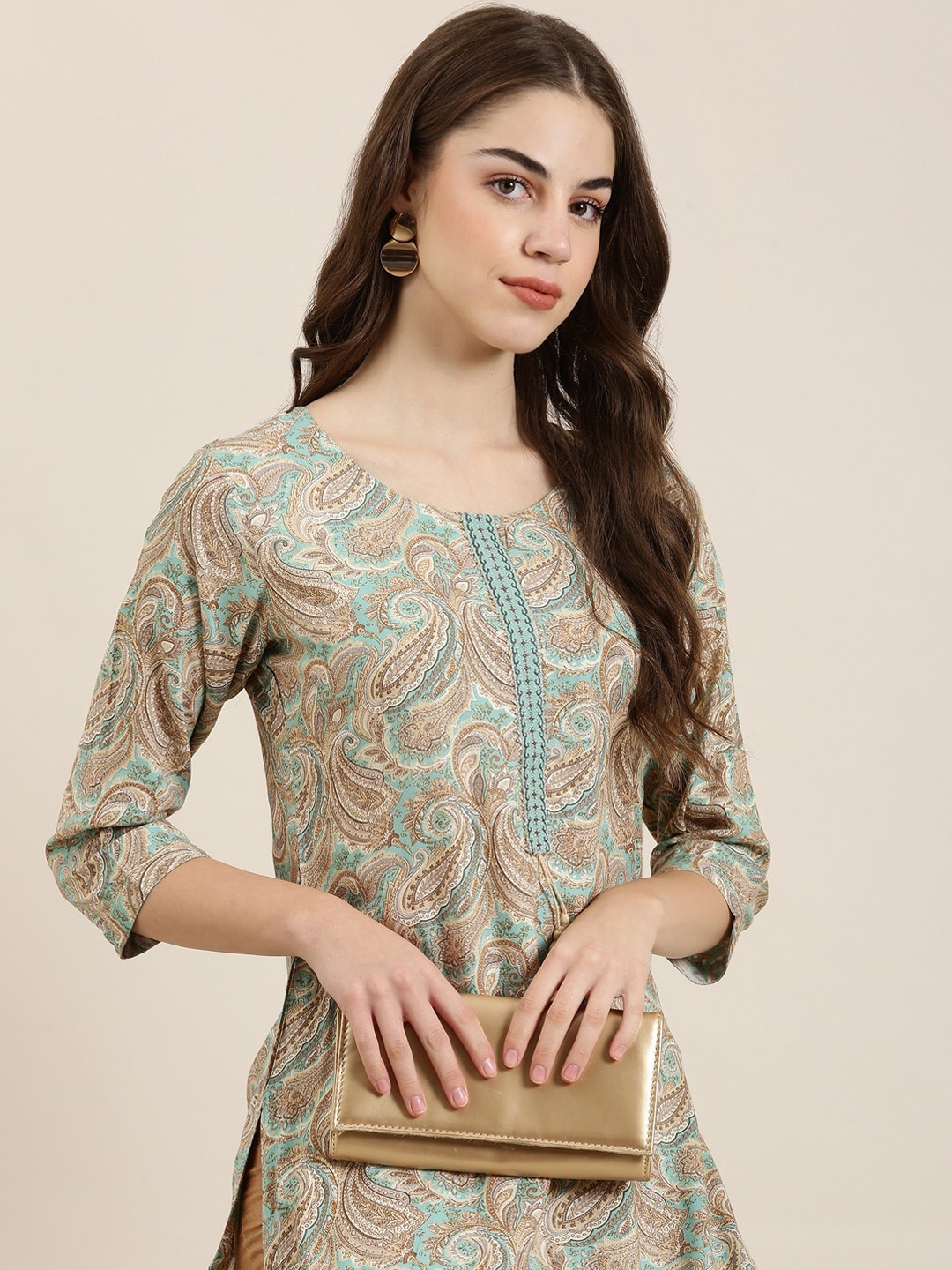 

SHOWOFF Ethnic Motifs Printed Straight Kurta, Sea green