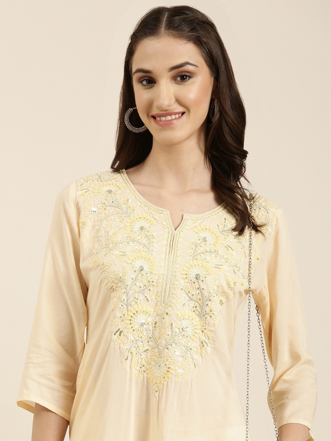 

SHOWOFF Floral Embroidered Thread Work A-Line Kurta, Cream