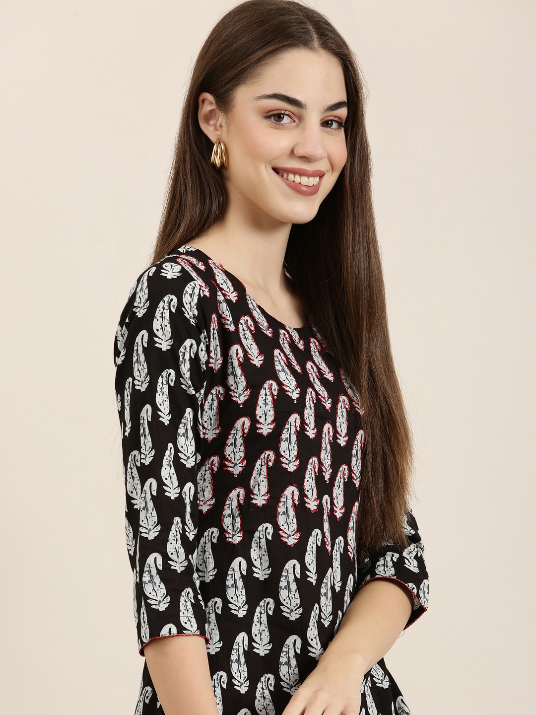 

SHOWOFF Ethnic Motifs Printed Straight Kurta, Black