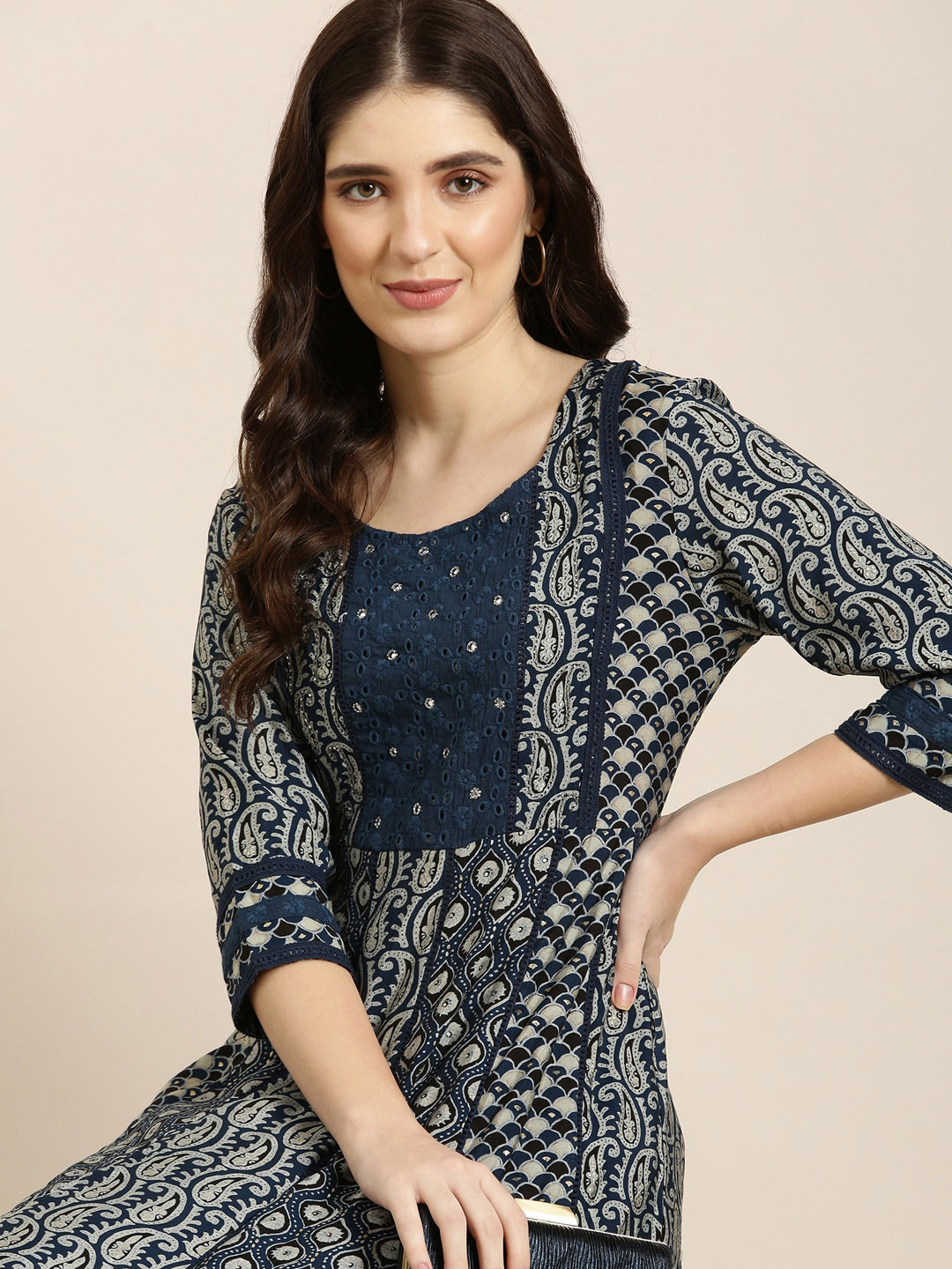 

SHOWOFF Ethnic Motifs Printed Indie Prints Anarkali Kurta, Navy blue