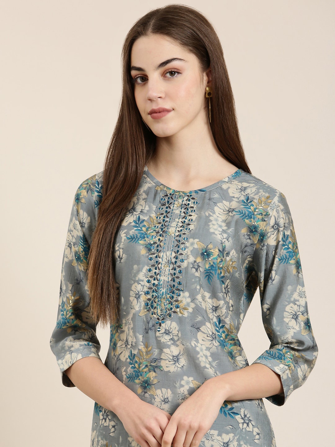 SHOWOFF Floral Printed Straight Kurta, Grey