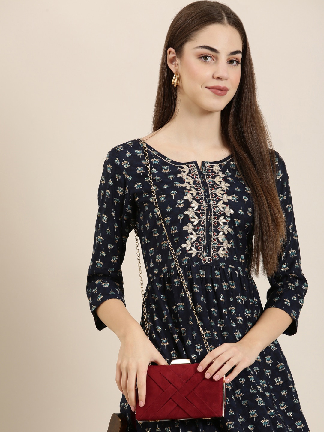 

SHOWOFF Floral Printed Beads and Stones Straight Kurta, Navy blue