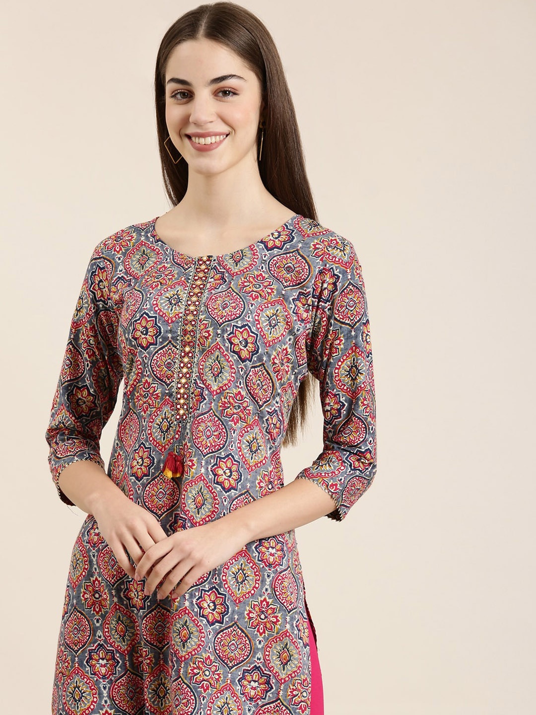 

SHOWOFF Ethnic Motifs Printed Mirror Work Indie Prints Straight Kurta, Grey