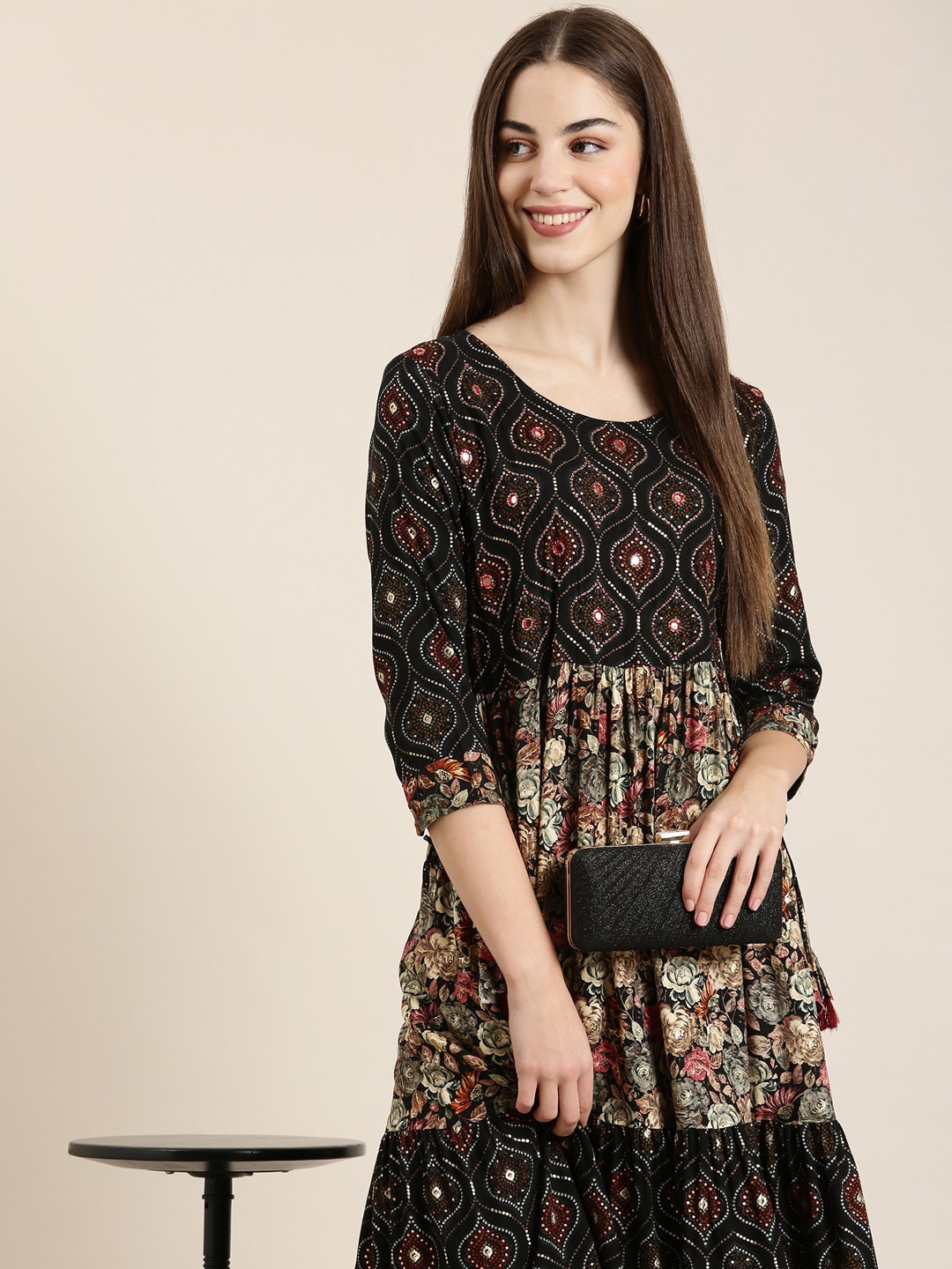 

SHOWOFF Floral Printed Cotton A-Line Kurta, Black