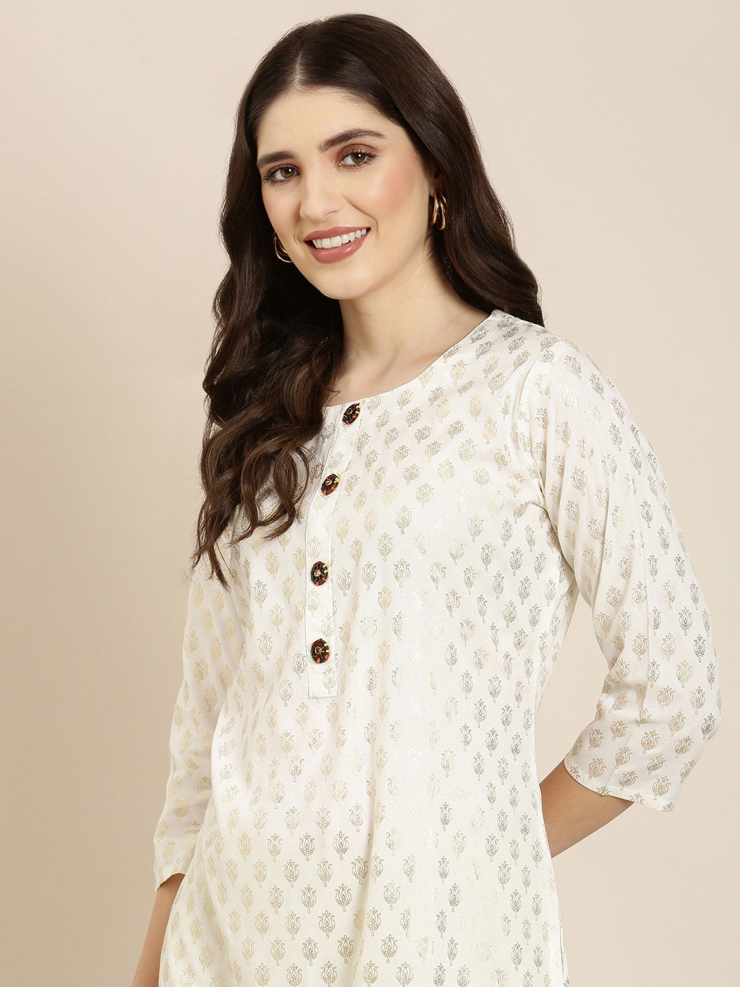 

SHOWOFF Ethnic Motifs Printed Cotton Straight Kurtas, Off white