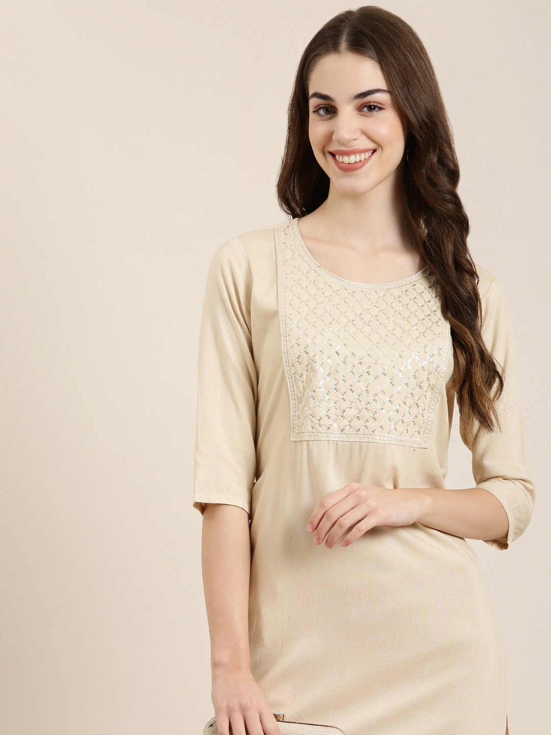 

SHOWOFF Geometric Embellished Kurta, Beige
