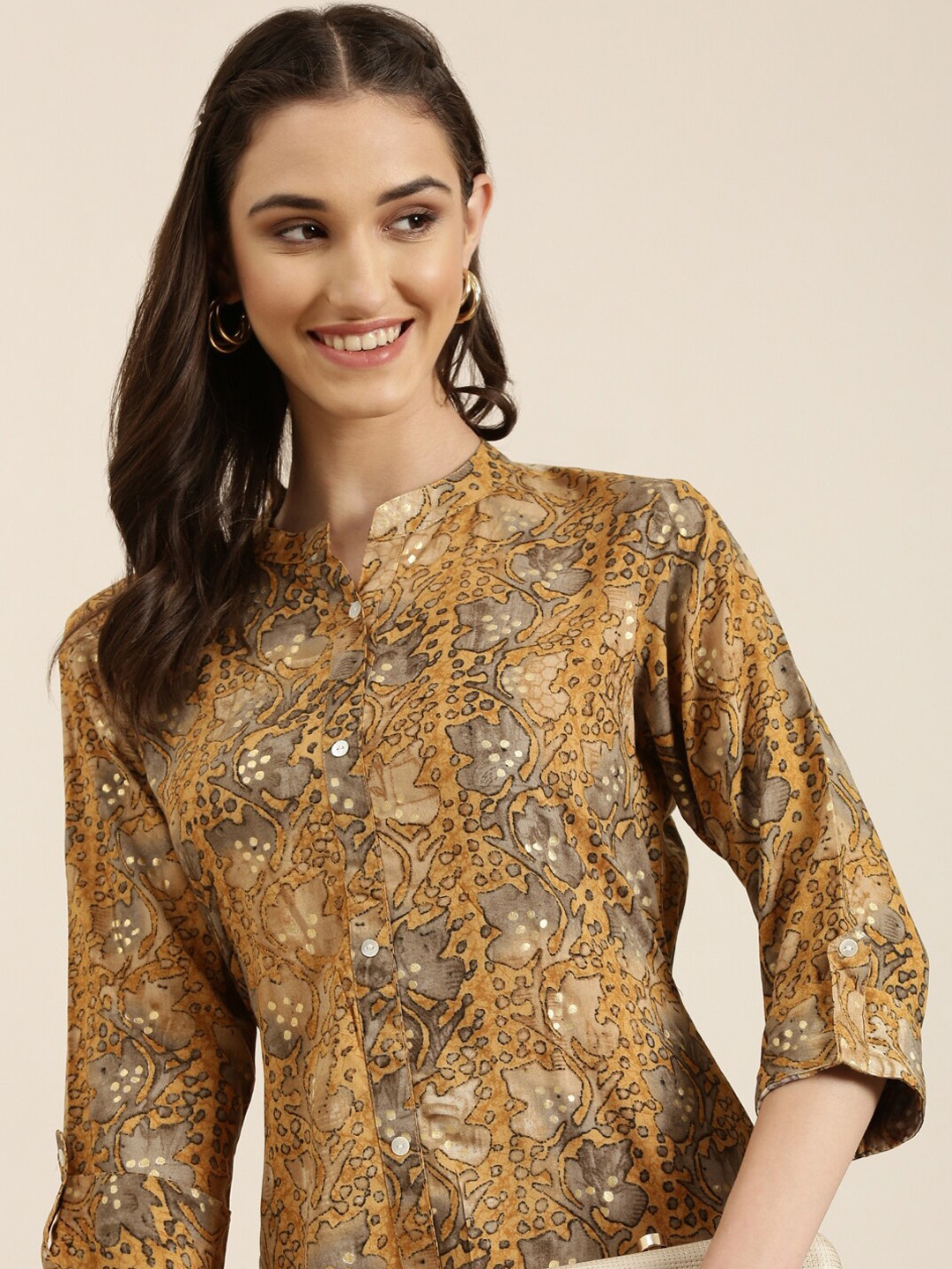 

SHOWOFF Floral Printed A-Line Kurta, Mustard