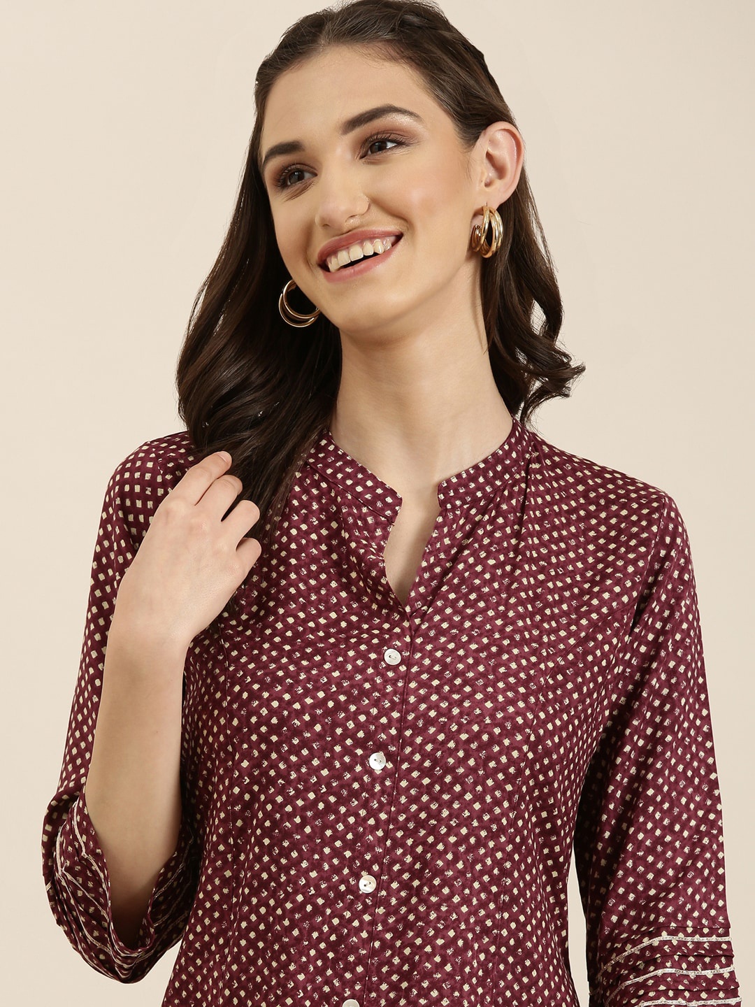 

SHOWOFF Abstract Printed Mandarin Collar Kurta, Maroon