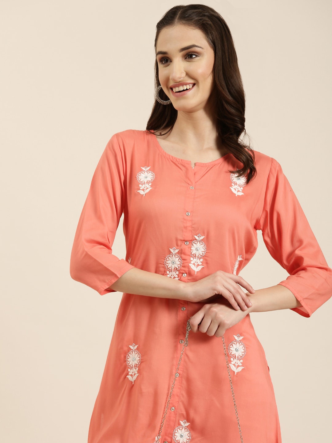 SHOWOFF Floral Embroidered Thread Work Kurta, Coral