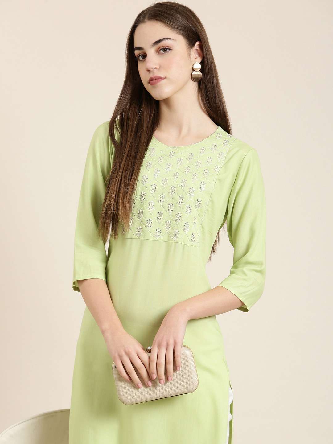 

SHOWOFF Sequinned Round Neck Straight Kurta, Lime green