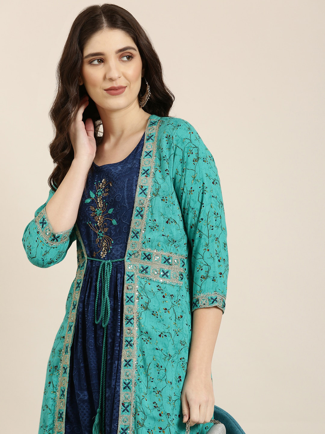 

SHOWOFF Ethnic Motifs Printed Thread Work Anarkali Kurta, Navy blue