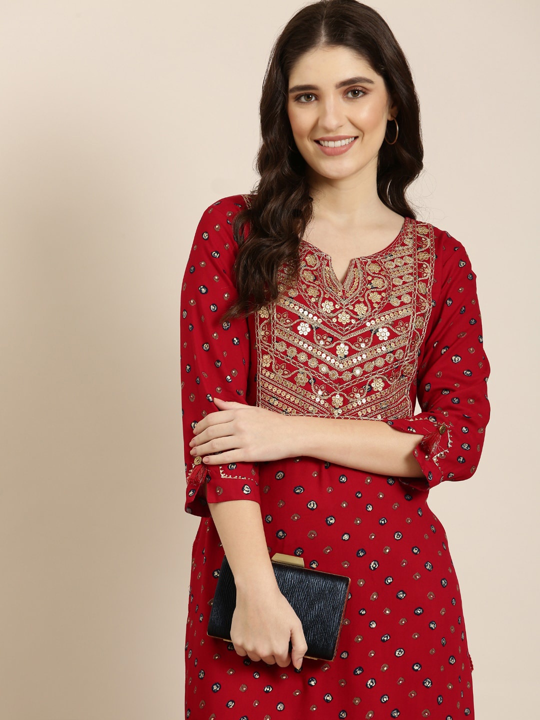 

SHOWOFF Bandhani Printed Sequinned Kurta, Maroon