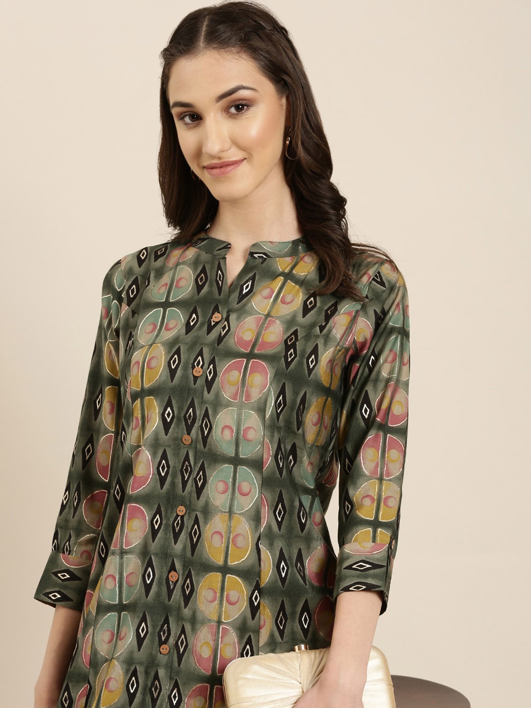

SHOWOFF Geometric Printed A-Line Kurta, Olive