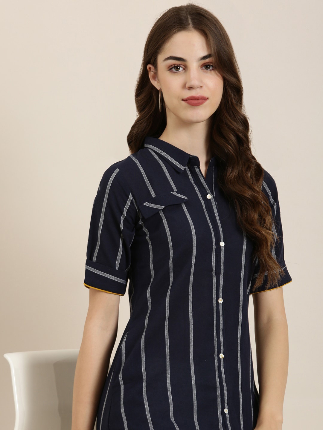 

SHOWOFF Striped Shirt Collar A-Line Kurta, Navy blue