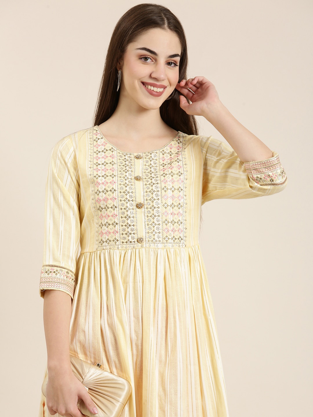 

SHOWOFF Geometric Yoke Design Anarkali Kurta, Yellow