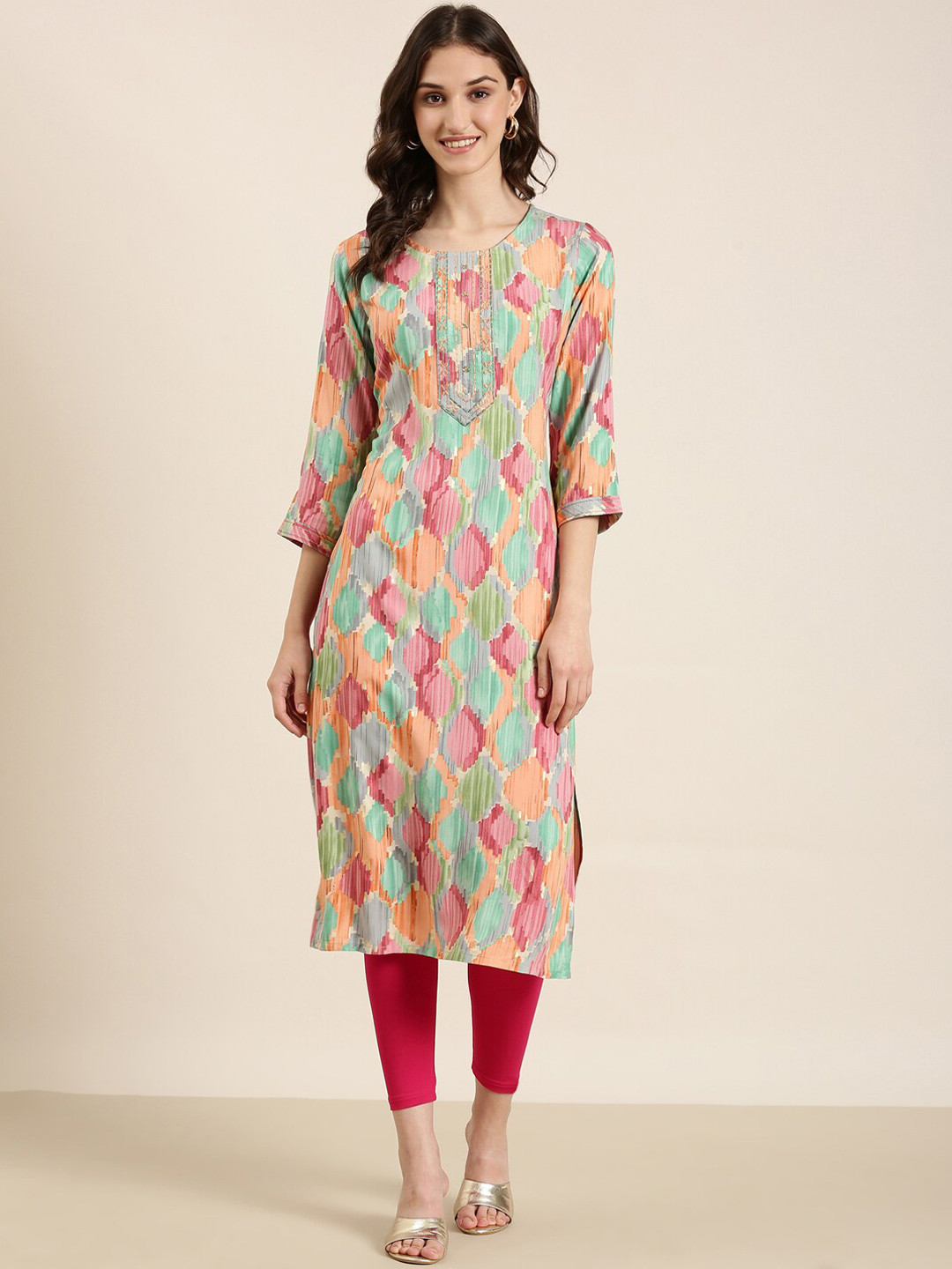 

SHOWOFF Abstract Printed Round Neck Straight Kurta, Green