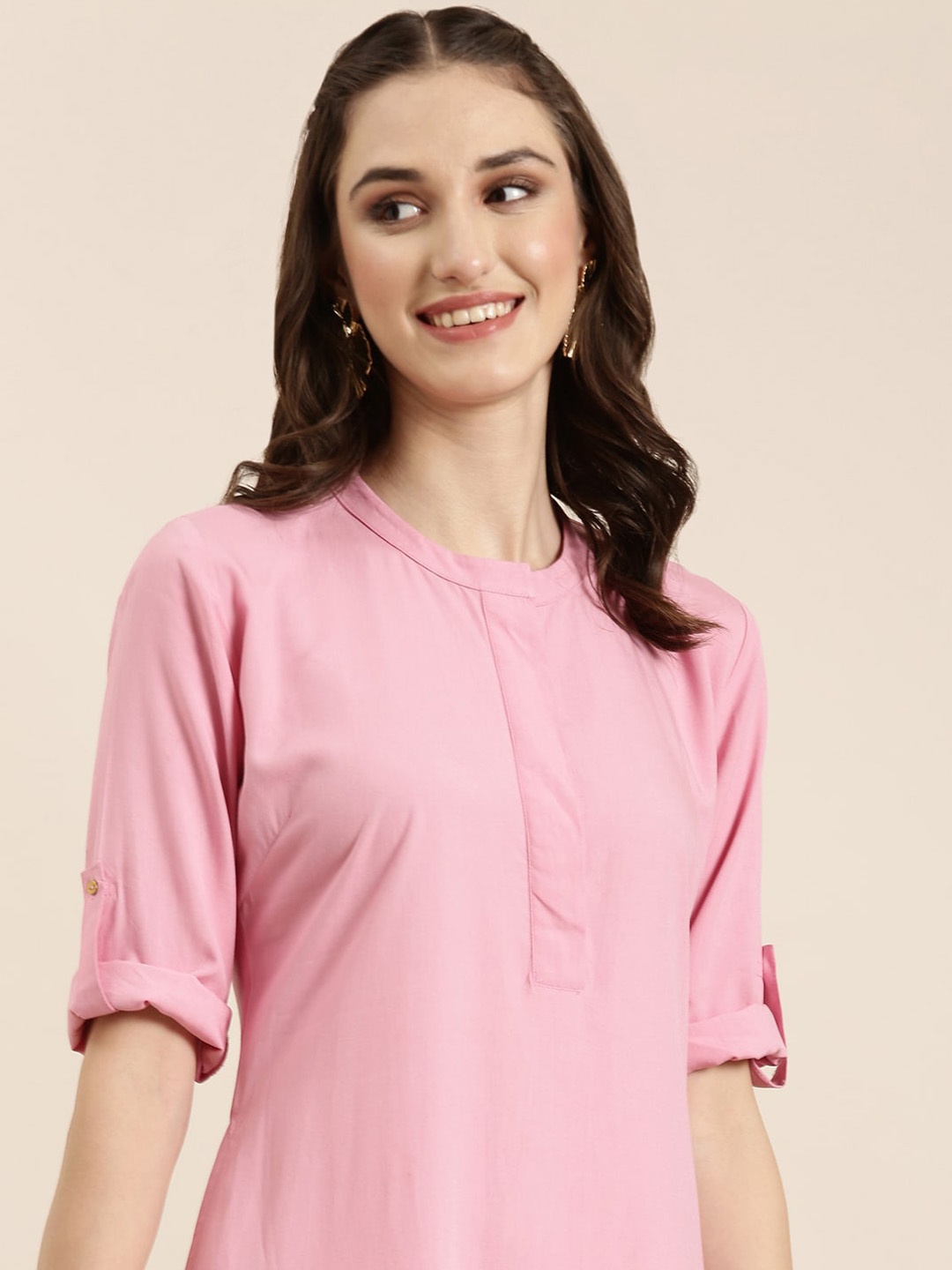

SHOWOFF Mandarin Collar A-Line Kurta, Pink