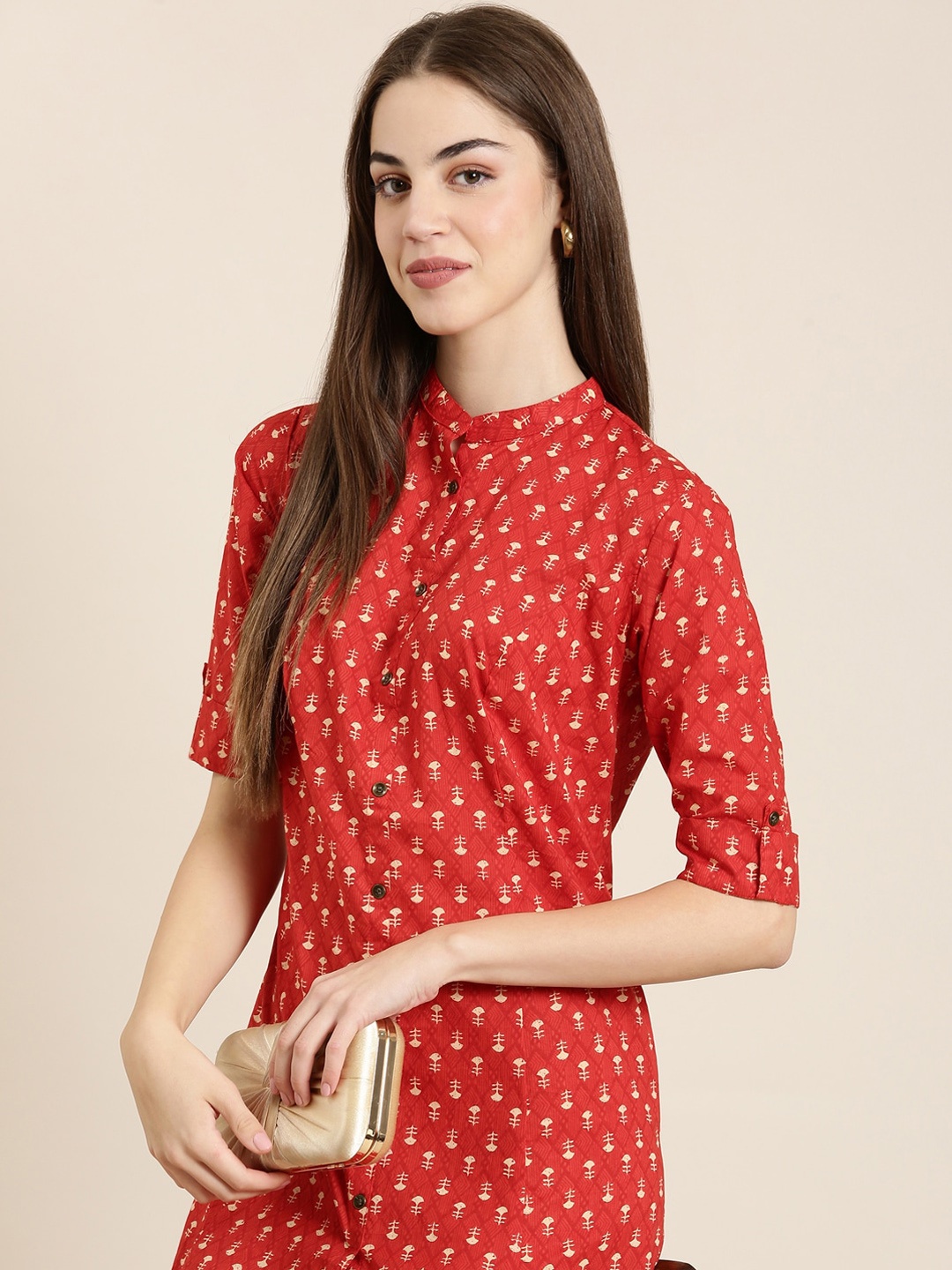

SHOWOFF Ethnic Motifs Printed Mandarin Collar Kurta, Red