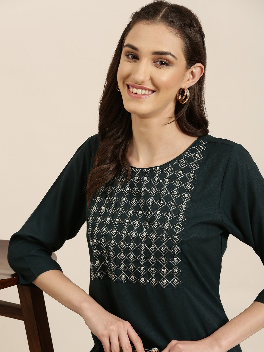 

SHOWOFF Floral Yoke Design Sequinned Kurta, Teal