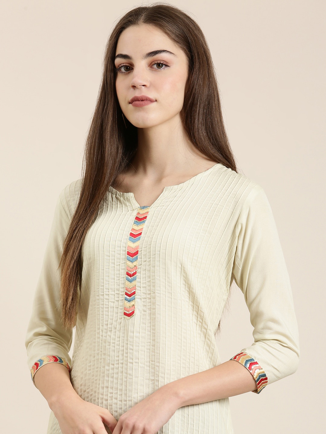

SHOWOFF Striped Sequinned Straight Kurta, Cream