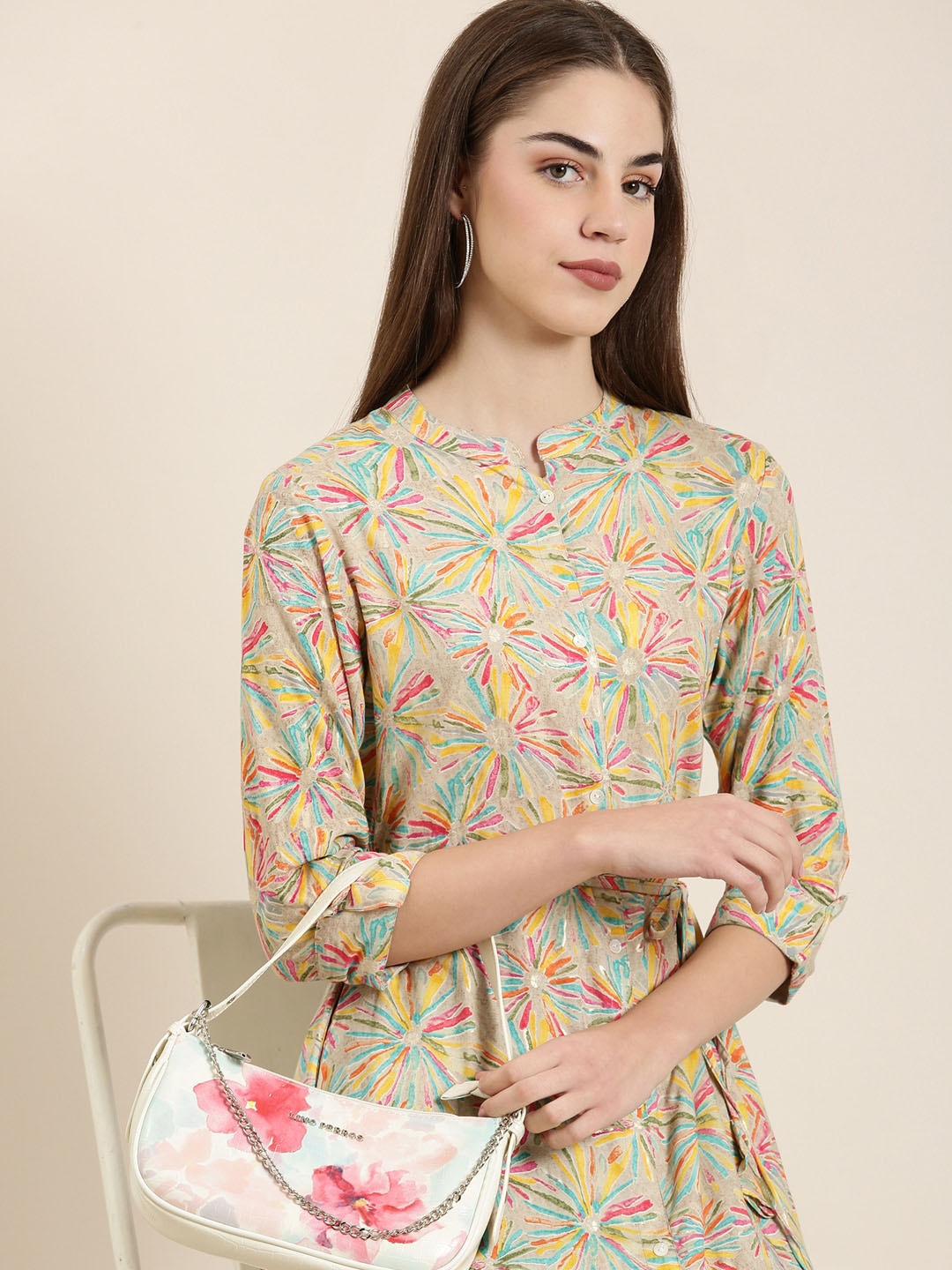 

SHOWOFF Abstract Printed Belted Detail A-Line Kurta, Beige