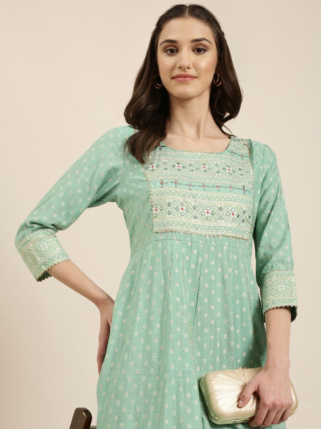 

SHOWOFF Ethnic Motif Printed Thread Work Cotton Silk Anarkali Kurta, Green