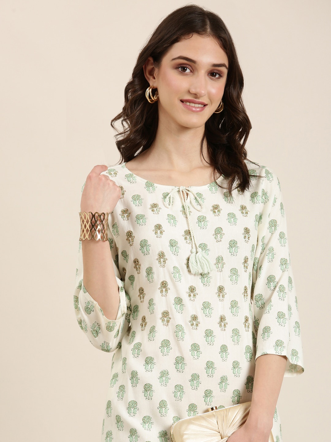 

SHOWOFF Ethnic Motifs Printed Sequinned Kurta, Cream