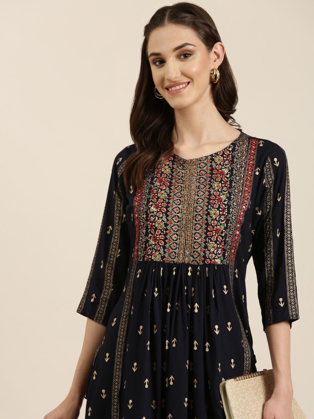 

SHOWOFF Ethnic Motifs Printed Thread Work A-Line Kurta, Navy blue