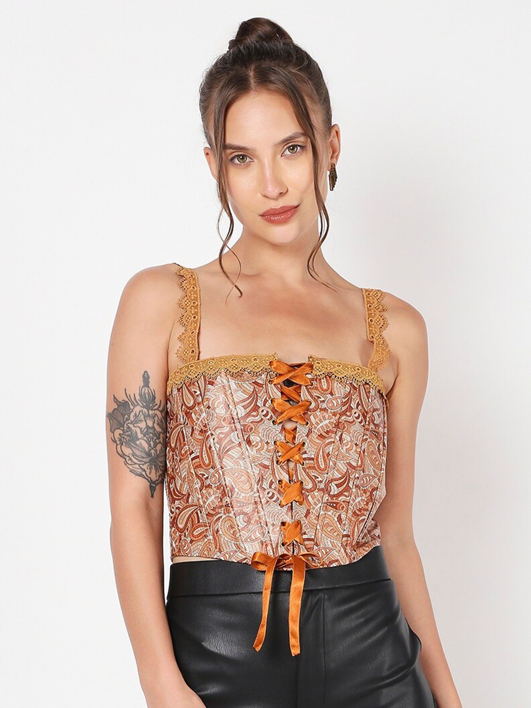 

LIYOKKI Floral Printed Tie Ups Leather Fitted Crop Top, Brown