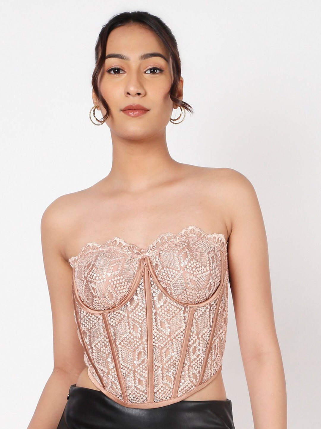 

LIYOKKI Floral Embroidered Strapless Lace Up Corset Crop Tube Top, Beige