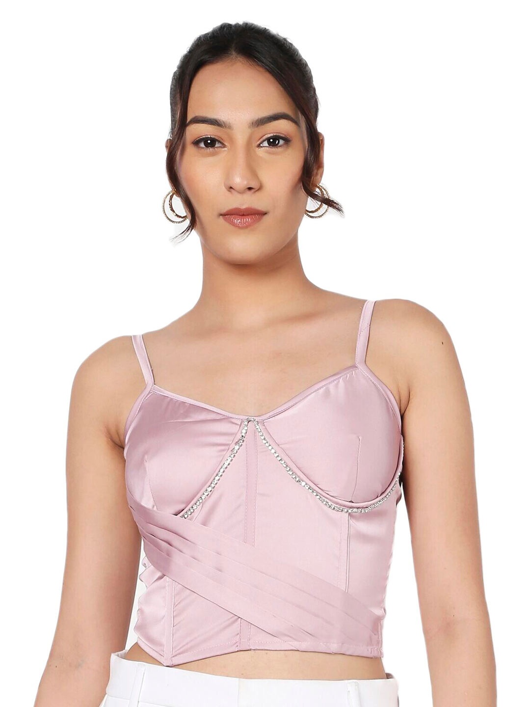 

LIYOKKI Shoulder Straps Satin Crop Top, Pink