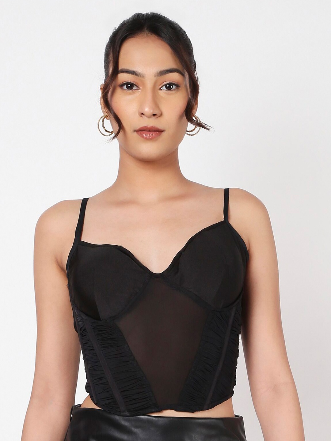 

LIYOKKI Accordion Pleats Tie Ups Regular Crop Top, Black