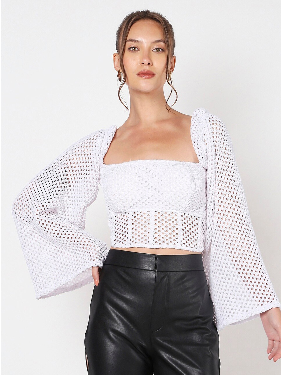 

LIYOKKI Self Design Cotton Regular Crop Top, White