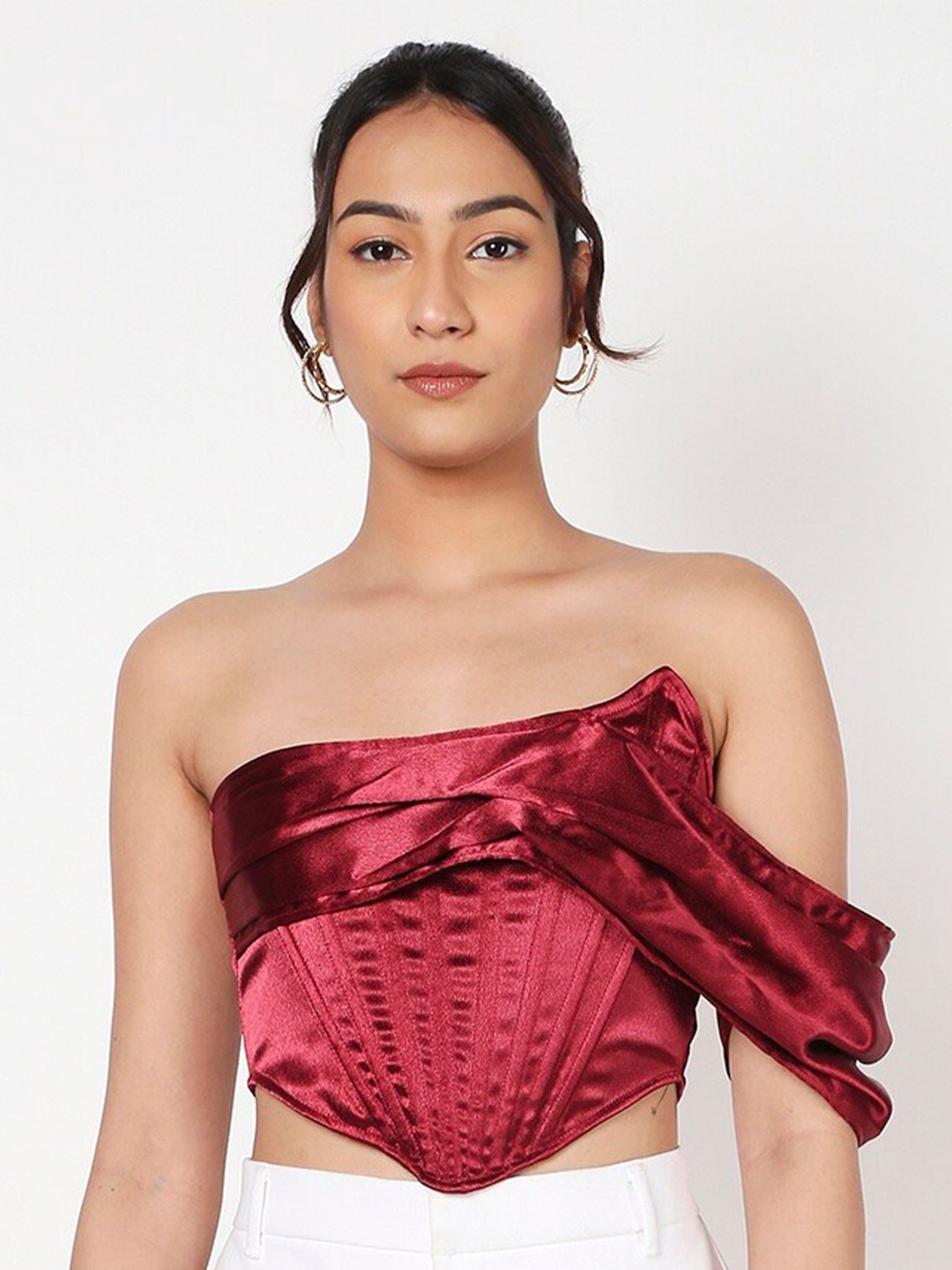 

LIYOKKI Off-Shoulder Gathered or Pleated Satin Bardot Crop Top, Maroon