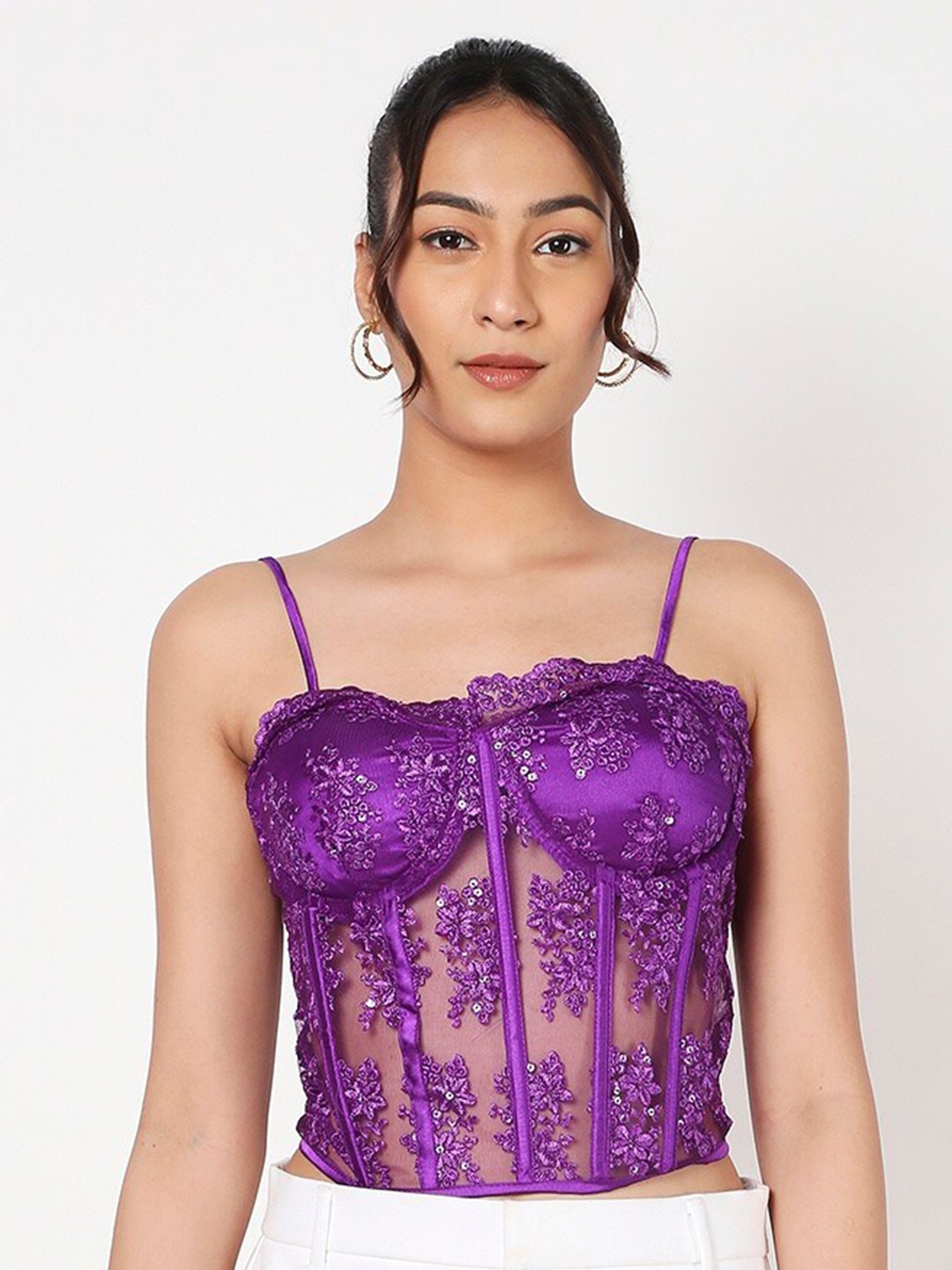 

LIYOKKI Floral Embroidered Shoulder Straps Lace Up Corset Crop Fitted Top, Purple